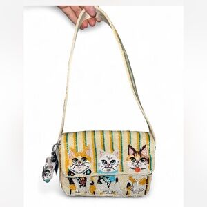 Cat Yellow Striped Beaded Shoulder Bag Made in India with Cat Bag charm